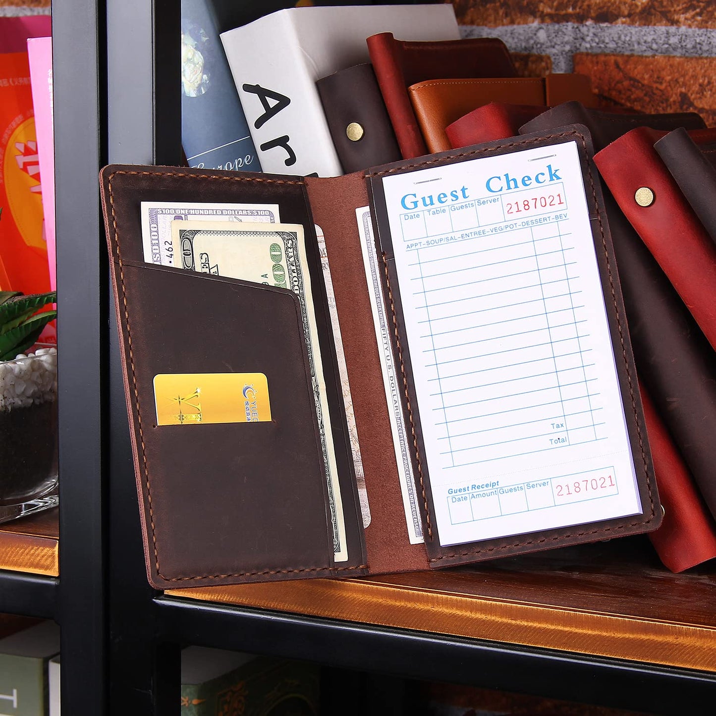 Fasjosma Server Books for Waitress,Leather Restaurant Guest Check Presenters Card Holder for Waitress,Restaurant Waitstaff Organizer with Money Pocket,Waiter Accessories Fit Server Apron-Coffee
