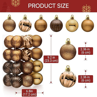 JOIEDOMI 24 Pcs Brown Christmas Balls Ornaments Set, 2.36" Christmas Tree Ornaments Shatterproof, Xmas Balls Hanging Decorations for Tree Wreath Garland Holiday Wedding Indoor Party Decor