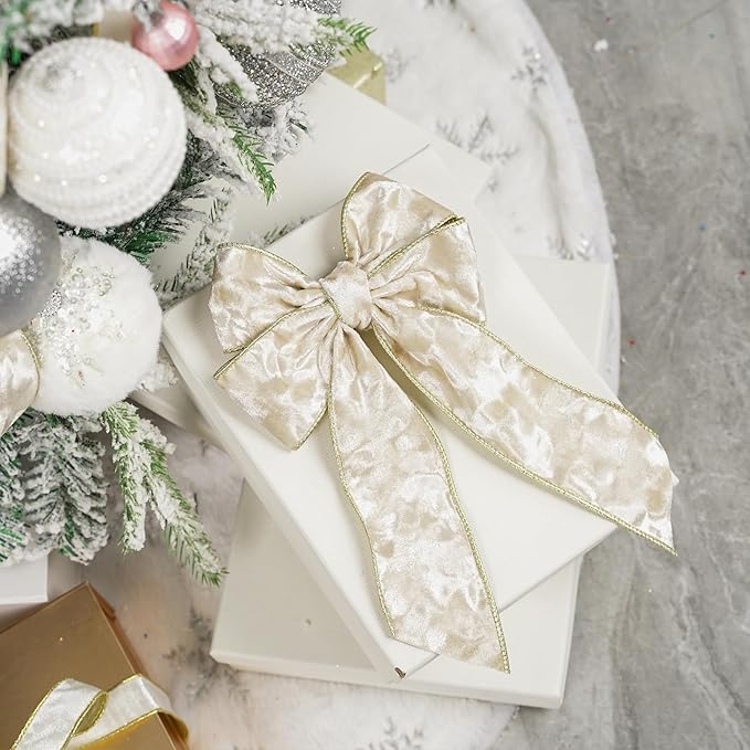 MEEDEE Ivory Velvet Ribbon with Gold Back 2.5 inch 10 Yards Double Sided Christmas Wired Ribbon for Christmas Tree Decoration, Baskets, Wreaths, Holiday Projects, Wedding Decor and Accents