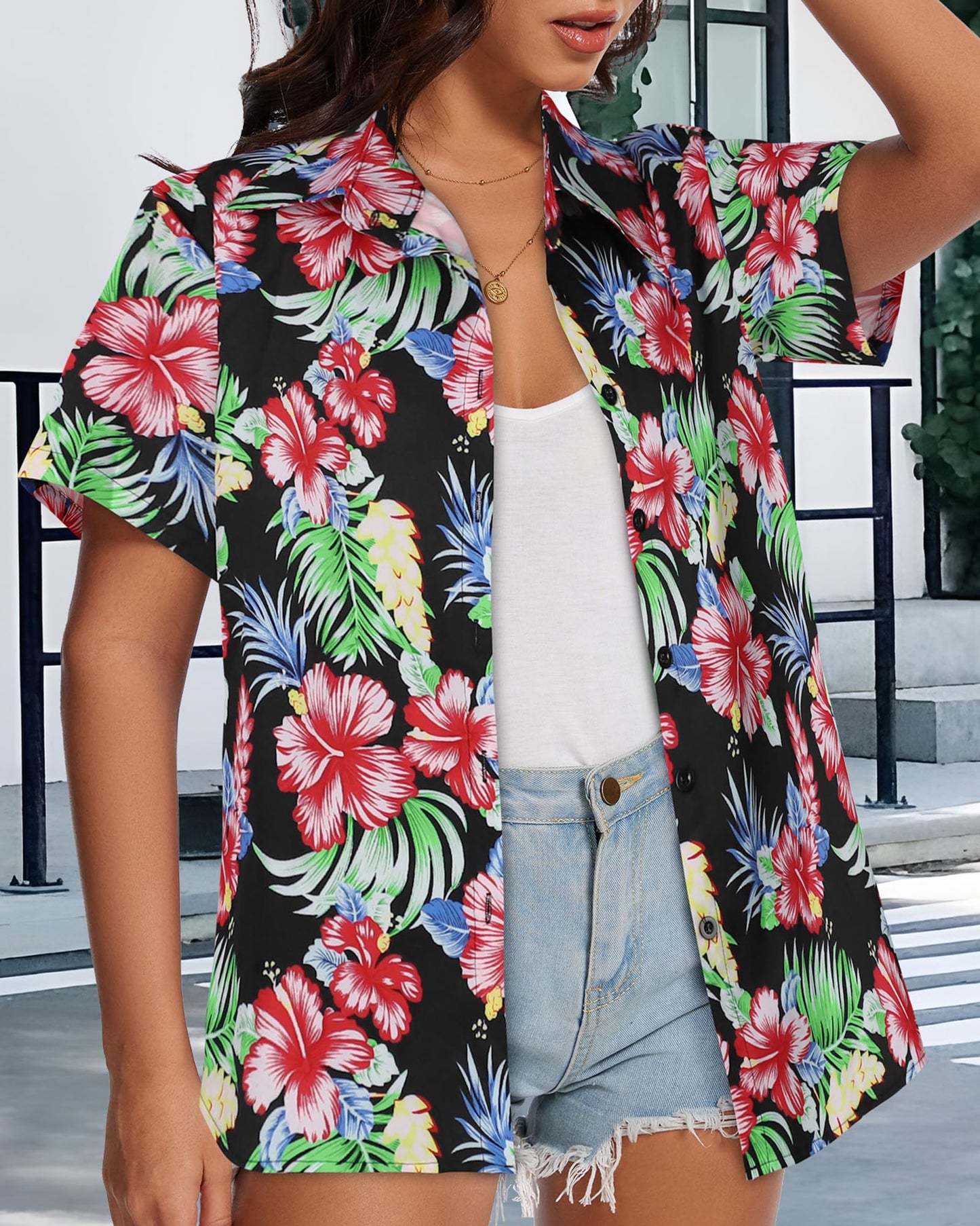 Women Hawaiian Shirt Button Down Summer Tops Beach Cool Short Sleeve V Neck Blouse(Red Black Floral,XL)