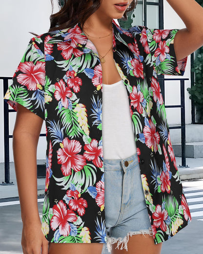 Women Hawaiian Shirt Button Down Summer Tops Beach Cool Short Sleeve V Neck Blouse(Red Black Floral,XL)