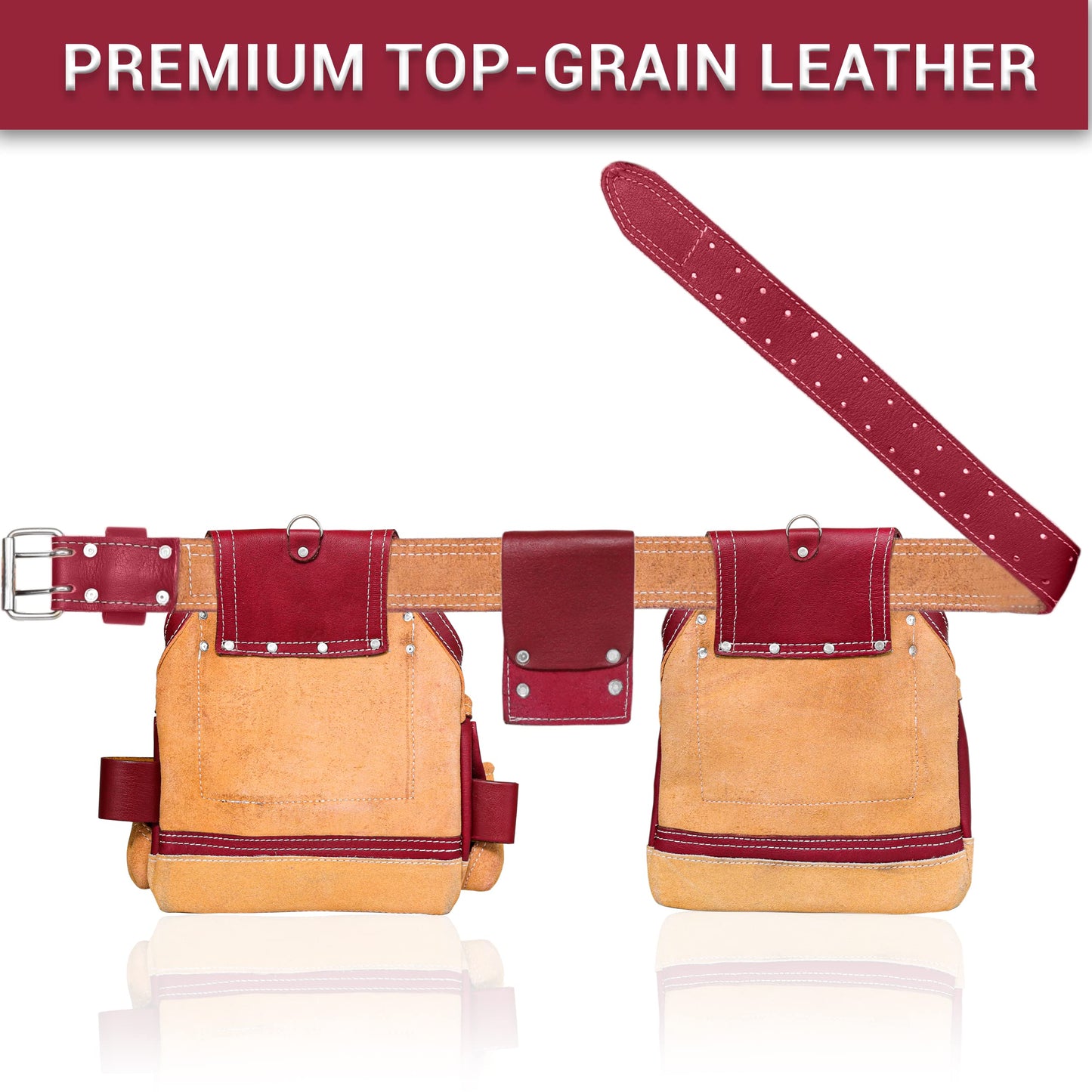 FUERI Leather Tool Belt for Men, 16 Pocket Pro Framing Combo Comes with Heavy Duty Tools Pouches, Triple Hammer holder, Adjustable Padded Belt, and 4 Suspender Loops for Electrician and carpenter's