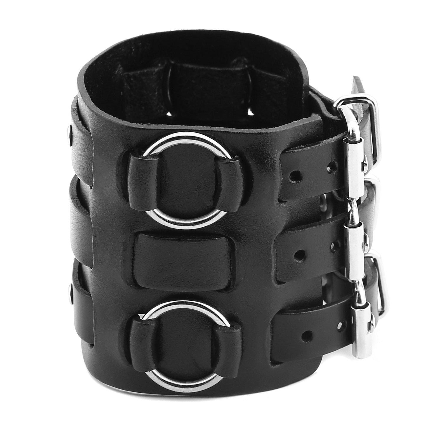 HZMAN Men's Alloy Ring Genuine Leather Bracelet Bangle Cuff Silver Tone Adjustable (Black)