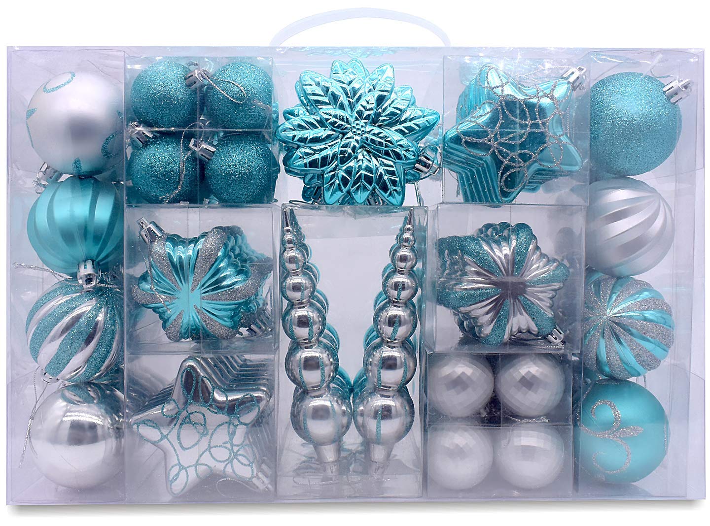 AUXO-FUN 73ct Assorted shatterproof Christmas Ornaments Luxury Collection Set in Reusable Hand-held Gift Package for Christmas Tree Decoration (Turquoise & Silver)
