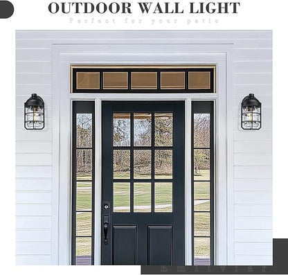 Emliviar 1-Light Porch Wall Lantern with Metal Cage, Outdoor Sconce Wall Mounted Lighting with Water Ripple Glass, Matte Black Finish, GE255BL BK-WG