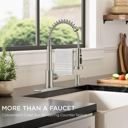 FORIOUS Kitchen Faucets with Sprayer, Brushed Nickel Stainless Steel Sink Faucet Single Handle with Deck Plate, Commercial Classic Spring Faucet for Kitchen Sink, Bar & Prep Sinks, Laundry RV Camper