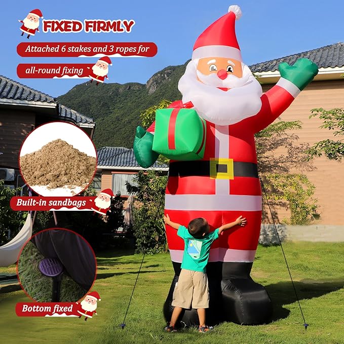 10 FT Christmas Inflatable Santa Claus Outdoor Decorations, Blow Up Santa Claus Holding Gift Box for Xmas Outside Decor, Giant Santa with Bright LED Lights for Yard Patio Garden Lawn Holiday Party