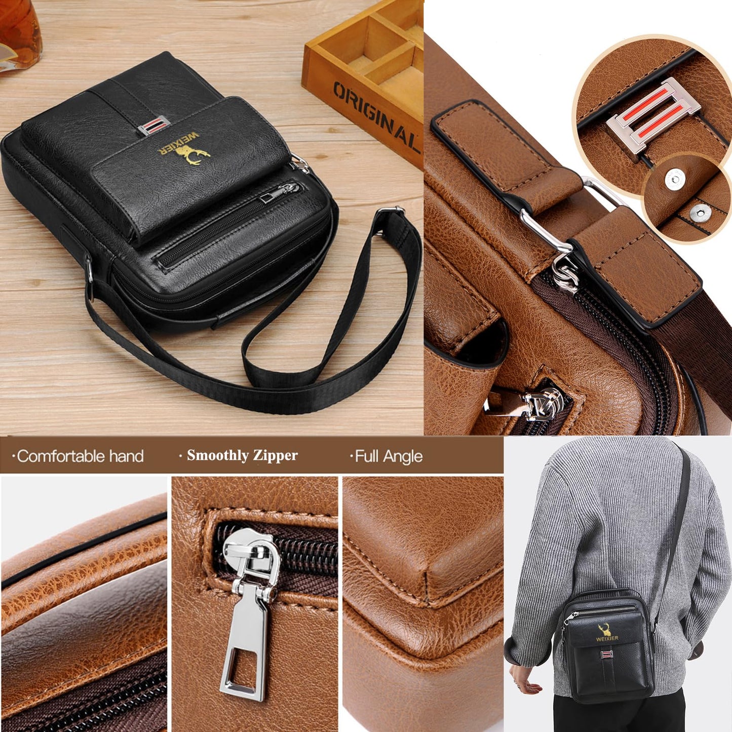 Messenger Bag for Men Crossbody Shoulder Purse Small Vintage PU Leather Satchel Pouch Side Crossover Handbag (Men Handbag for Black)