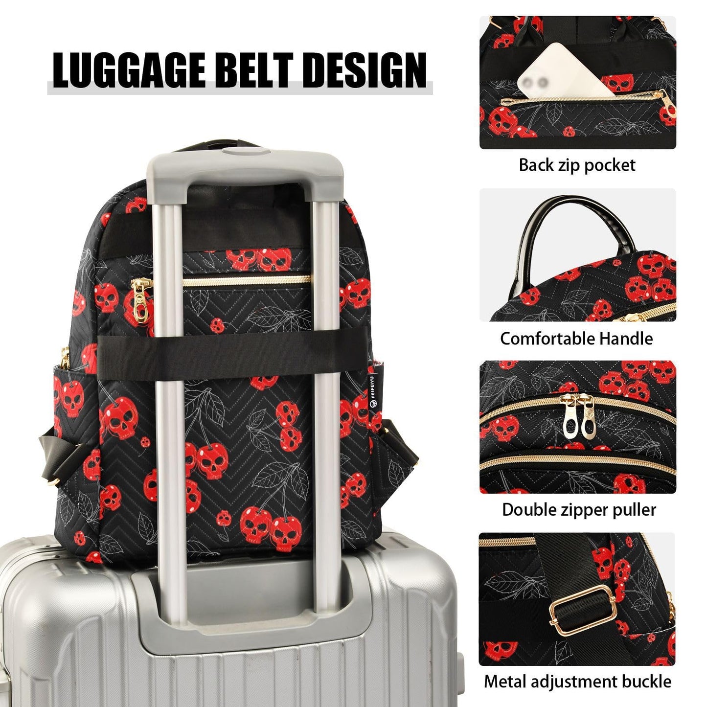 Mozuya Cherry Skull Backpack Purse for Women Girls Black Anti-theft Mini Fashion Travel Backpack with Zipper for College Travel S