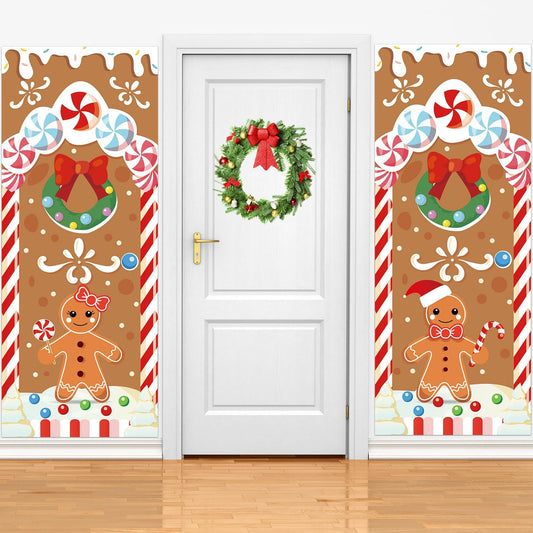 2 Pieces Christmas Gingerbread House Decorations Gingerbread Door Covers Candyland Christmas Decorations Backdrop Xmas Hanging Banner for Holiday Indoor Outdoor Decor, 79×31 Inches (Colorful)
