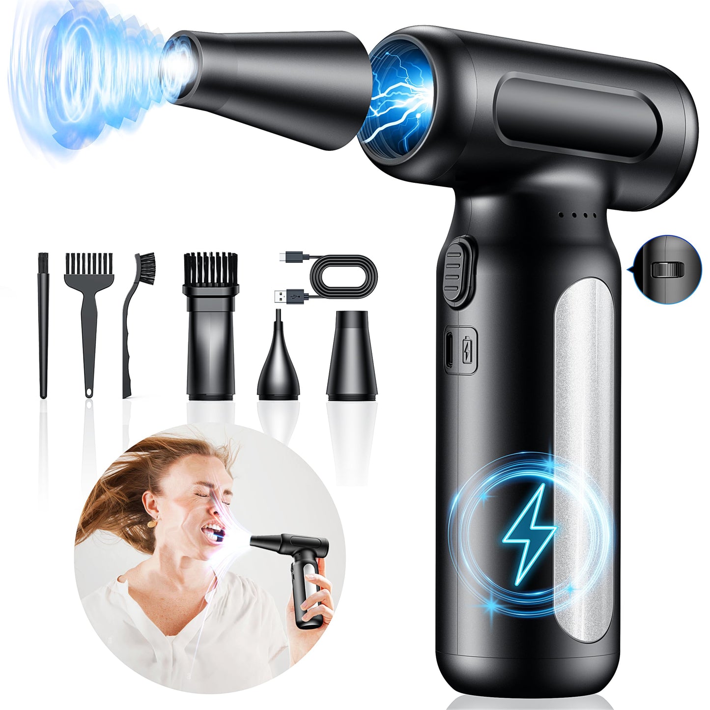 Electric Compressed Air Duster - 32,0000 RPM Rechargeable Cordless Air Blower for PC, Computer Keyboard Cleaning Kit - Mini Battery Powered Air Duster for Electronics, Car, Home - Replaces Air Cans