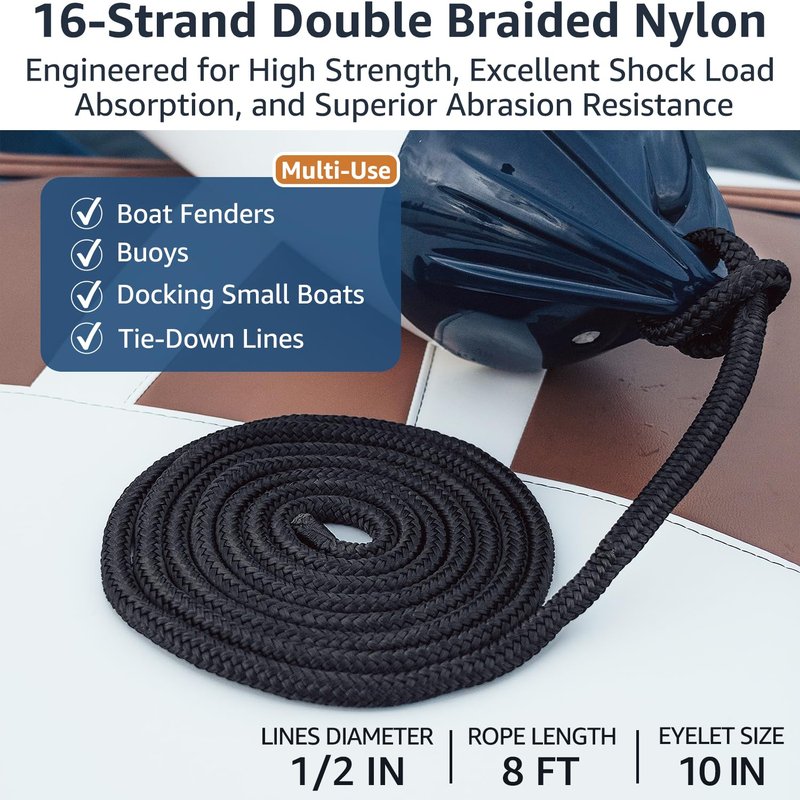 PACTHSD 1/2" x 8' Boat Fender Lines (4-Pack) - Double Braided Nylon Dock Lines for Boats - Marine Grade Fender Ropes with 10" Eye Loop - Soft, Durable Boat Accessories for Pontoon and Small Boats