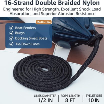 PACTHSD 1/2" x 8' Boat Fender Lines (4-Pack) - Double Braided Nylon Dock Lines for Boats - Marine Grade Fender Ropes with 10" Eye Loop - Soft, Durable Boat Accessories for Pontoon and Small Boats