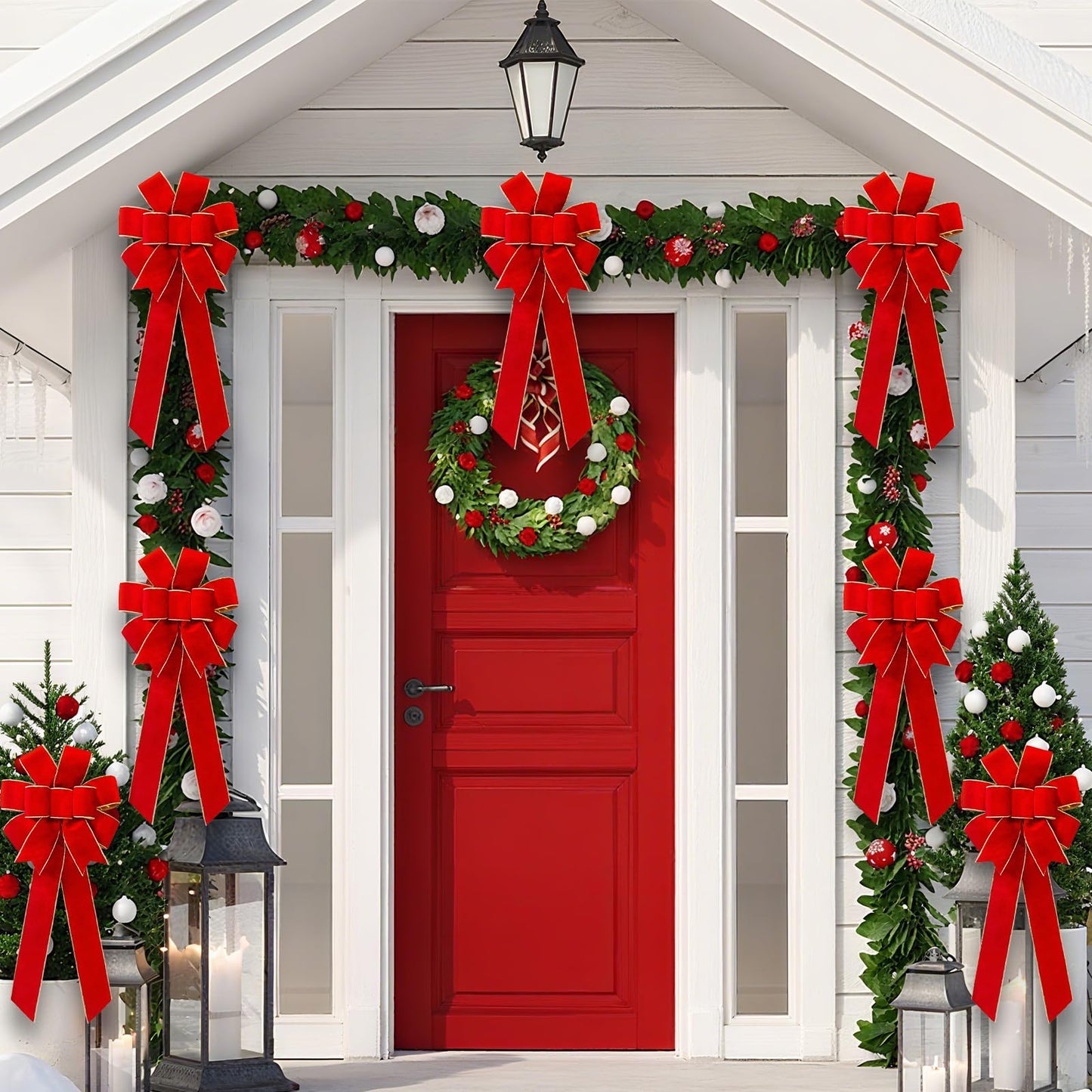 Red Velvet Christmas Bows with Gift Box, Gold Wired Red Bows for Wreath Floral, Christmas Tree Topper, Outside Bowknot Red Bow for Car Wall Garden Yard Front Door