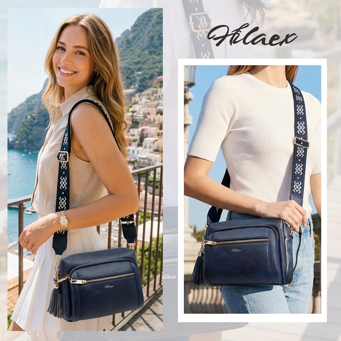 HILAEX Small Leather Crossbody Bags for Women Anti theft Purses and Handbag Shoulder Hangbag with Wide Strap Tassel Navy Blue