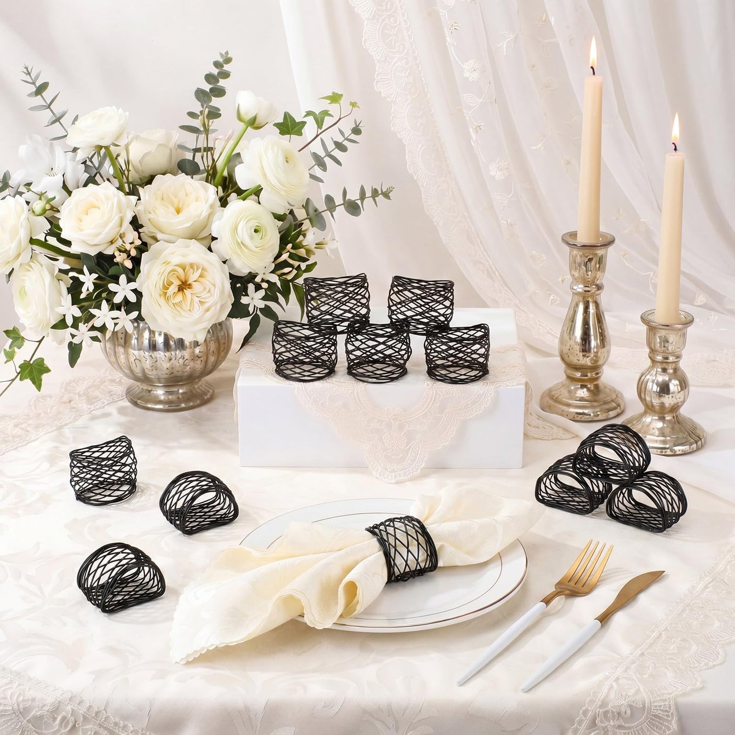 LemonRoad 12 Pcs Black Wedding Metal Napkin Rings Twisted Wire Mesh Napkin Holder Buckles Modern Boho Minimalist Semicircle Serviette Ring Rust Resistant Decorations for Cloth Napkins Dinner Banquet