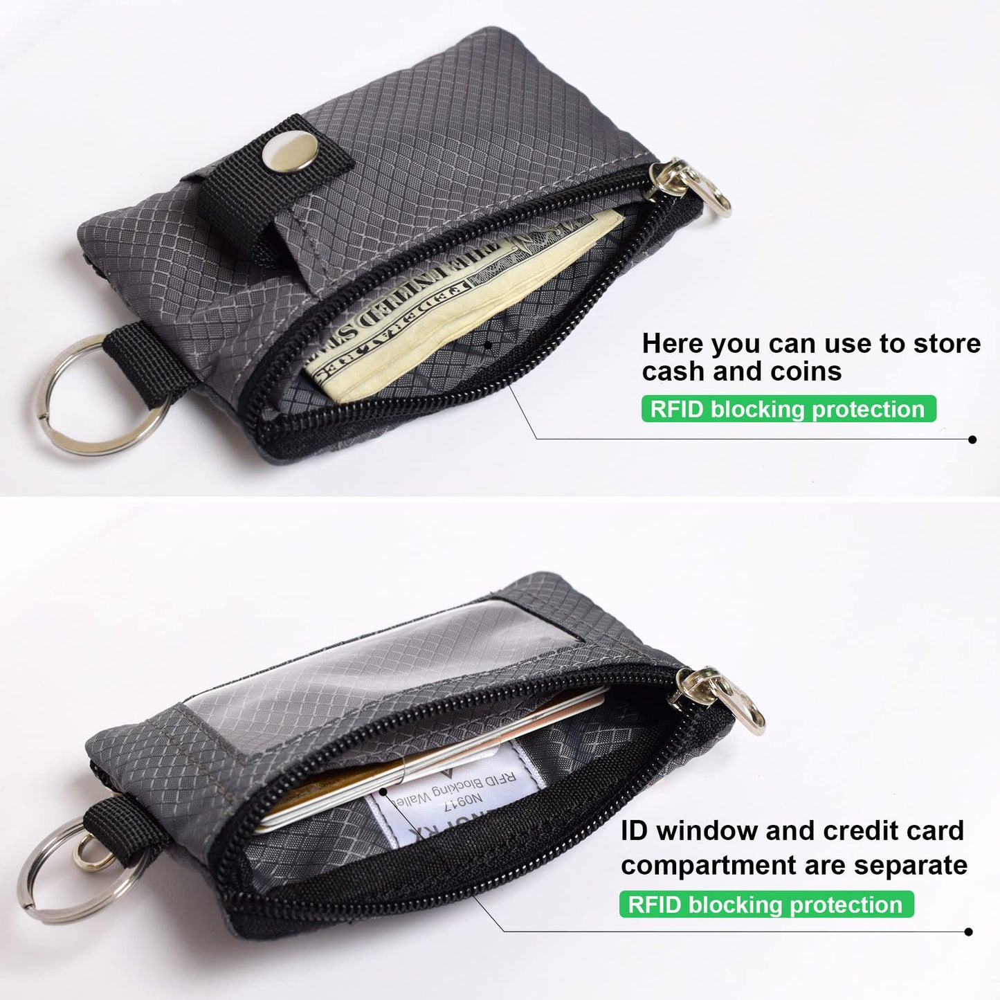 CHENSPRX Minimalist RFID Blocking Small Wallet with ID Window,WaterResistant Zip Id Case Wallet with Lanyard Keychain for Cards,Cash,Travel,Women,Men (DarkGrey)