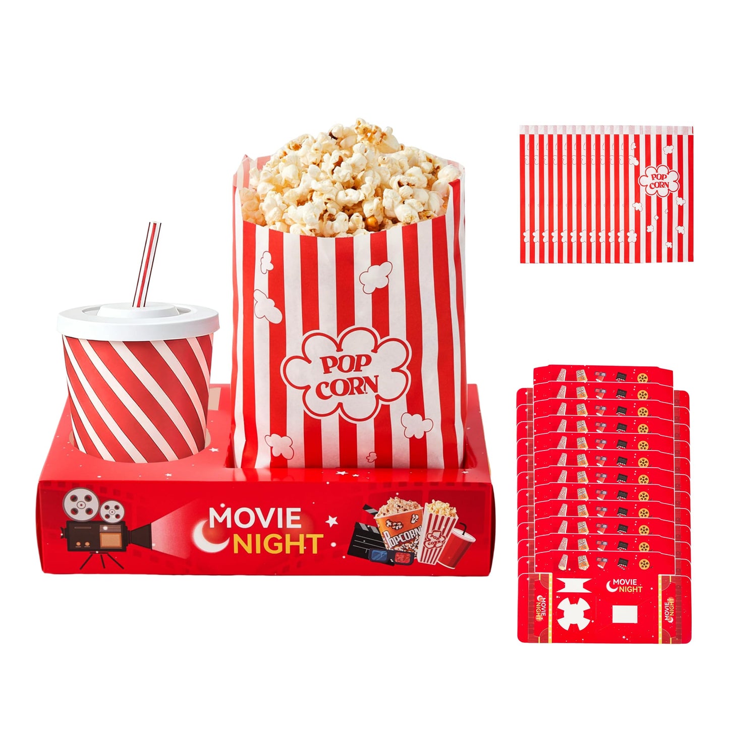 RAYMEA 24Pcs Movie Night Supplies Disposable Paper Movie Snack Trays (12ct) and Retro Style Large Capacity Popcorn Bags(12ct), Drink & Candy Snack Boxes for Cinema Family Birthday Parties
