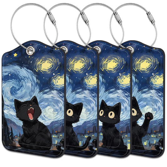 4 Pack Luggage Tags, Black Cat Under the Night Sky Luggage Tags for Suitcases PU Leather Suitcase Tags with Privacy Cover ID Label and Stainless Steel Loop for Travel Tag for Women Men