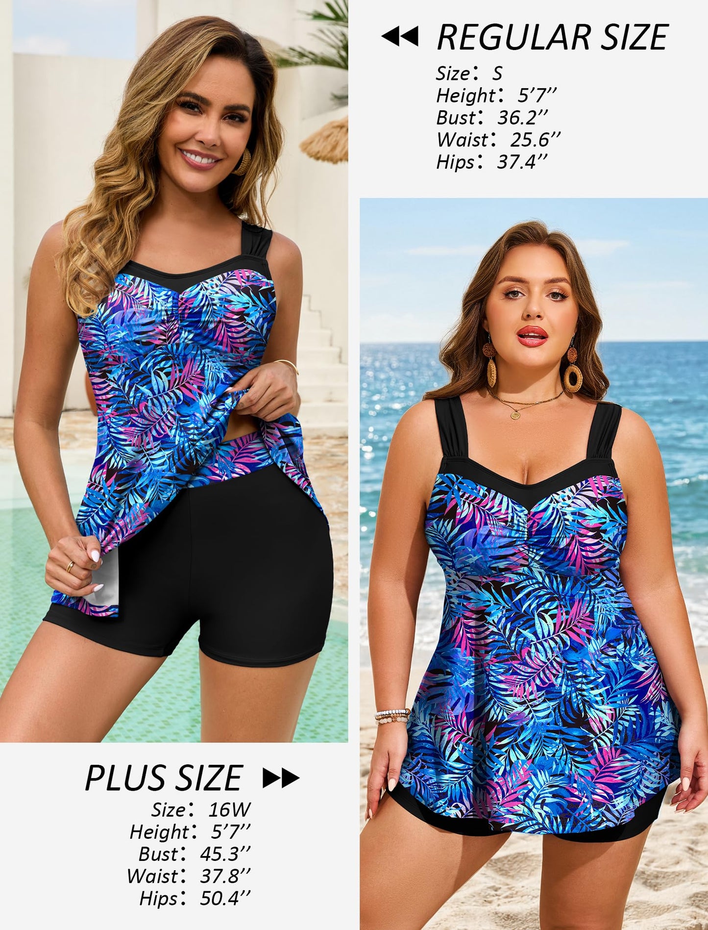 HUSKARY Swim Suits for Women 2026 2 Piece Full Coverage Conservative Tropical Tankini Swimsuits for Women with Shorts Blue Leaf Large