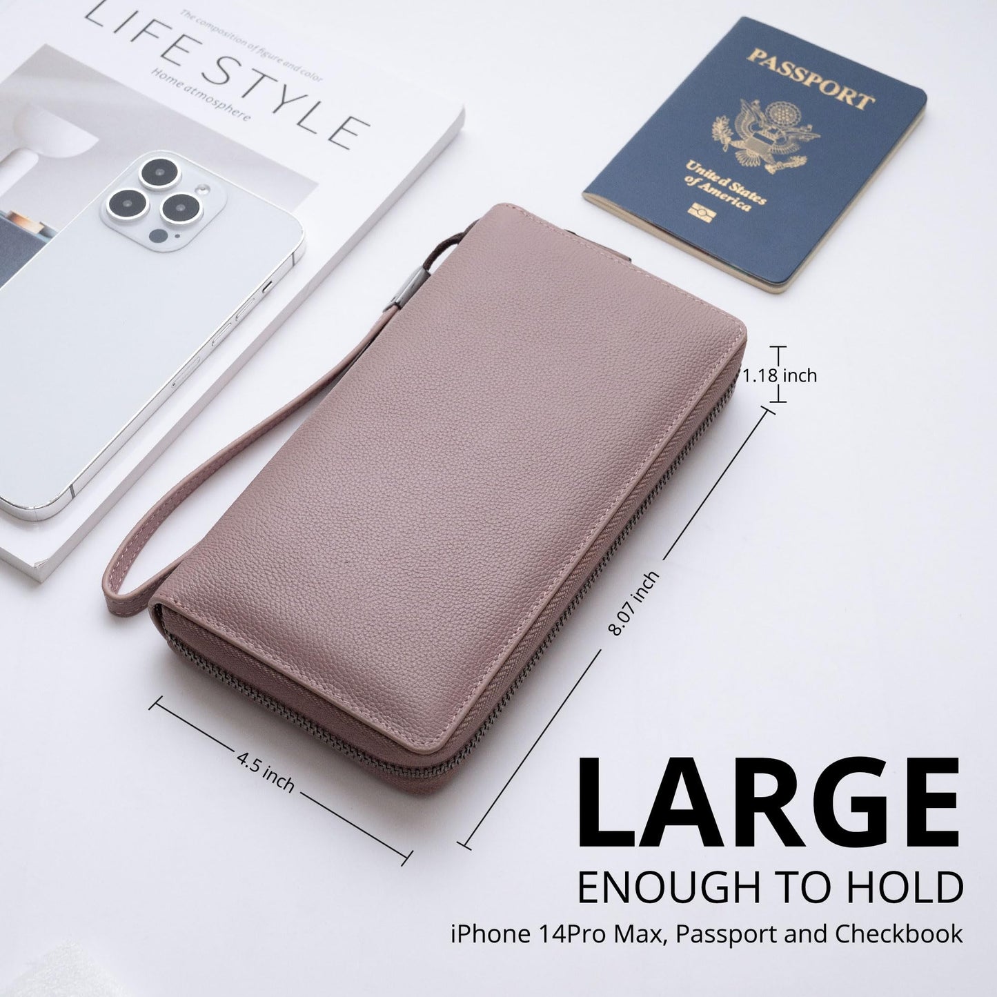 Bveyzi Women RFID Blocking Wallet Leather Zip Around Phone Clutch Large Capacity Ladies Travel Purse Wristlet (Dark Pink)