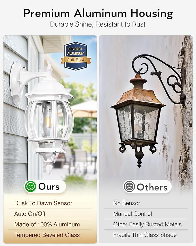 VIANIS White Porch Lights Outdoor, 2 Pack Dusk to Dawn Exterior Lighting Fixtures for House, Modern Outdoor Wall Sconce Lantern for Patio Coach, Anti-Rust Waterproof Outdoor Garage Lights Wall Mount