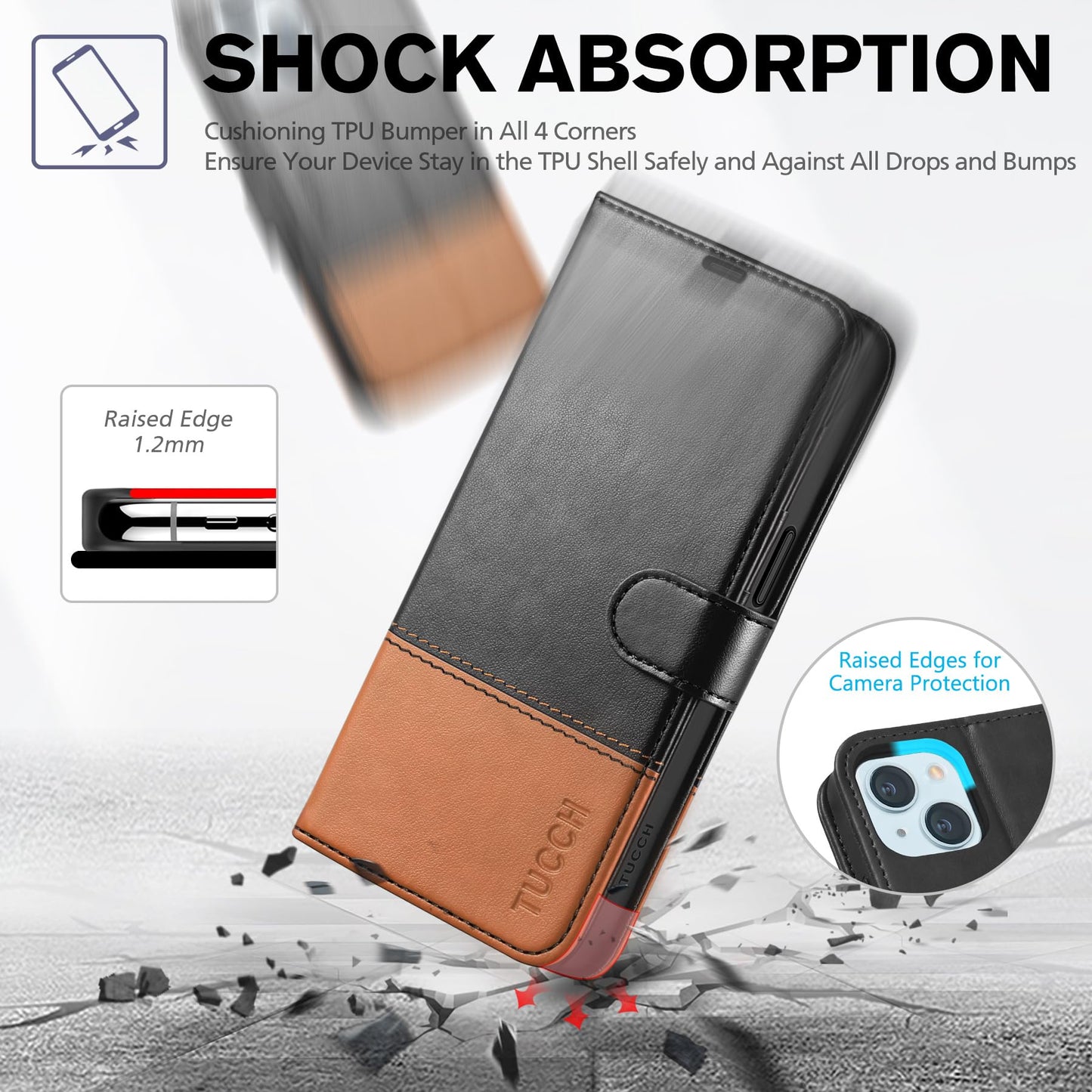 TUCCH Wallet Case for iPhone 15 5G, [RFID Blocking] 4 Card Slot Holder Kickstand [Shockproof TPU Interior Case], PU Leather Magnetic Flip Cover Compatible with iPhone 15 6.1" 2023, Black & Brown