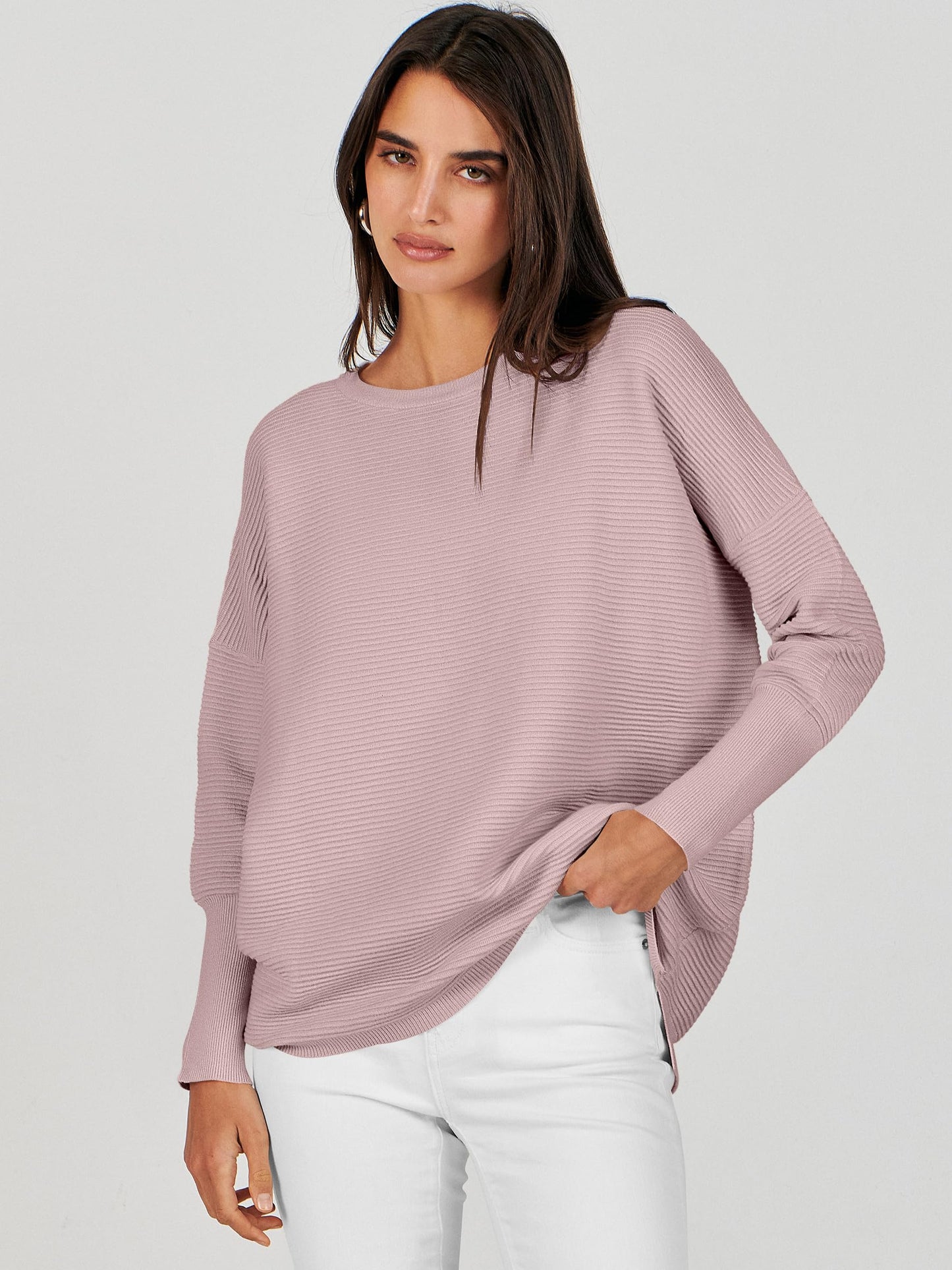 ANRABESS Womens Oversized Batwing Long Sleeve Ribbed Knit Sweaters 2025 Fall Outfits