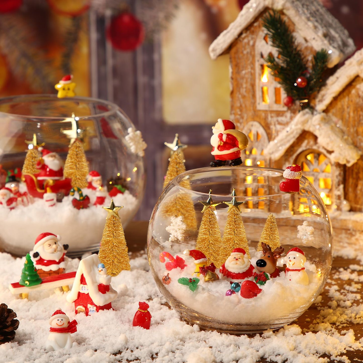 Roowest 96 Pcs Miniature Ornaments for Snow Globe Kit DIY Christmas Village Decoration Christmas Figurines Mini Ornaments with Snowman Reindeer Santa Claus Snowflake(Gold)