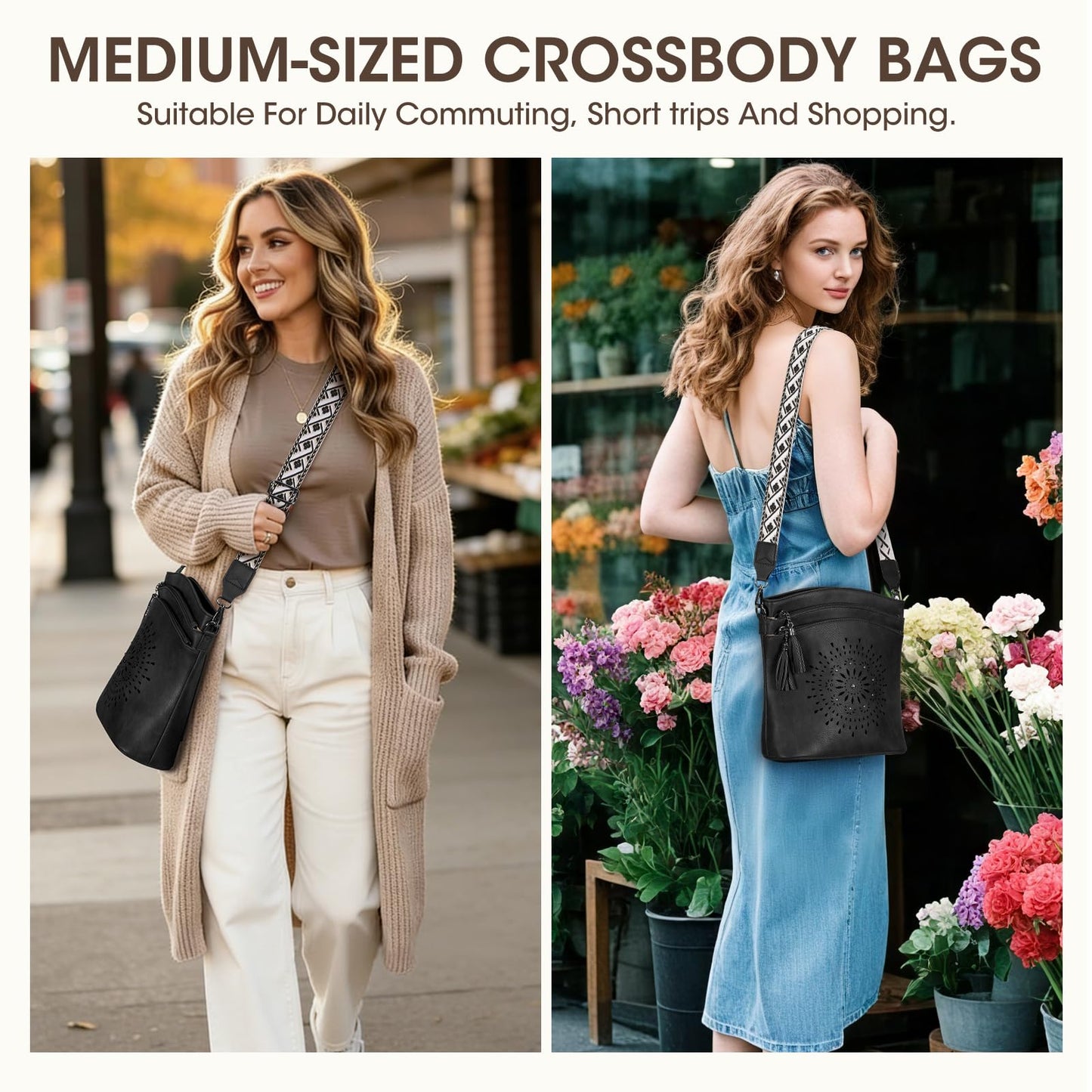 RAINSMORE Women's Medium Leather Crossbody Bag - Lightweight Purse for Weekend Shopping, Everyday Outings, Travel, Designer Trendy Shoulder Handbags with Adjustable Guitar Strap, Multiple Pockets