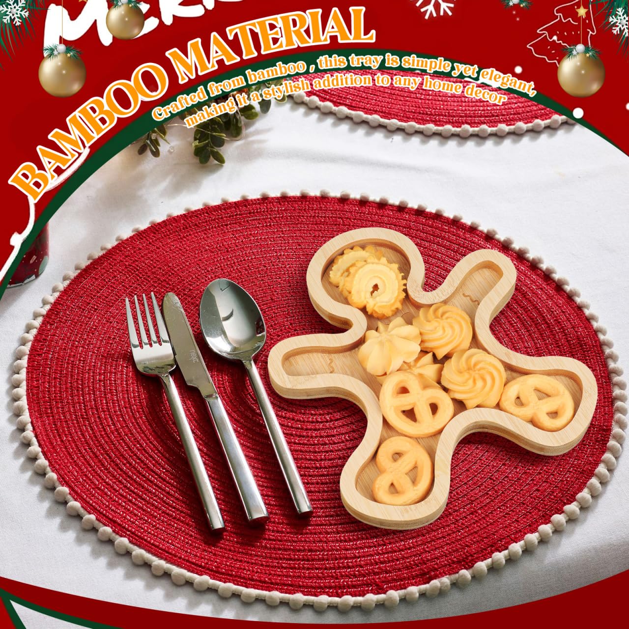 DECHOUS Gingerbread Serving Tray 8.3 Inch Charcuterie Board Christmas Bamboo Serving Platter Holiday Treat Tray for Snacks, Appetizers, Desserts, Holiday Home Party