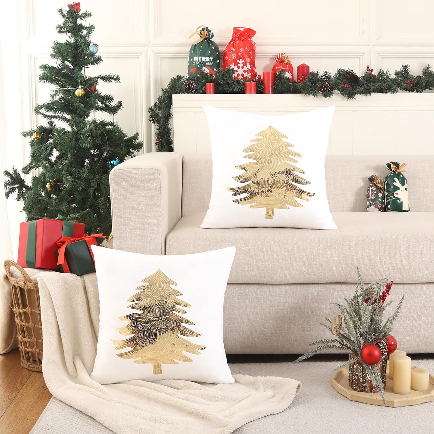 Tosleo Christmas Pillowcases 18 x 18 inch Set of 2 White Xmas Tree Sequins Throw Pillow Cover Christmas Pillow case Party Decorations Winter Holiday Cushion Cases