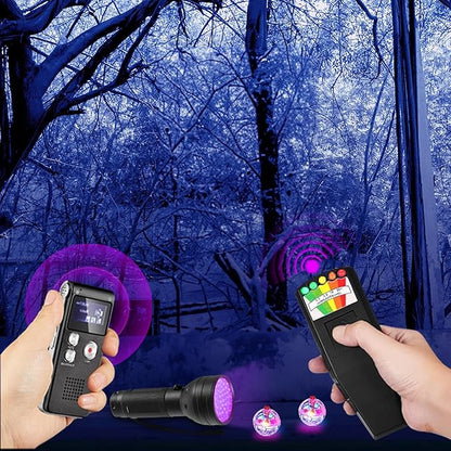 7-in-1 Ghost Hunting Equipment Kit for Paranormal Enthusiasts,Includes EMF Meter,EVP,Dowsing Rods,UV Light & Cat Balls-Novelty Set for Entertainment Use
