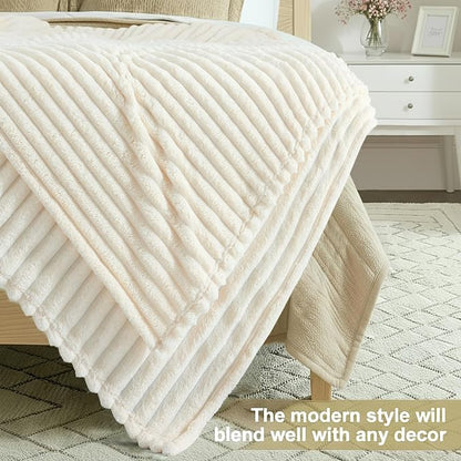 decorUhome Soft Fleece Cream White Blanket King Size for Bed, Cozy Fluffy Plush Flannel Large Striped Throws for Couch Sofa, Lightweight Decorative Fuzzy Blanket for Woman, 108x90 Inches