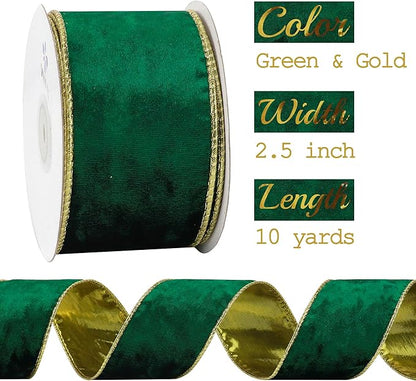 MEEDEE Crushed Green Velvet Ribbon with Gold Back 2.5 inch Double Sided Christmas Wired Ribbon 10 Yards for Christmas Tree Decoration, Baskets, Wreaths, Holiday Projects, Wedding Decor and Accents