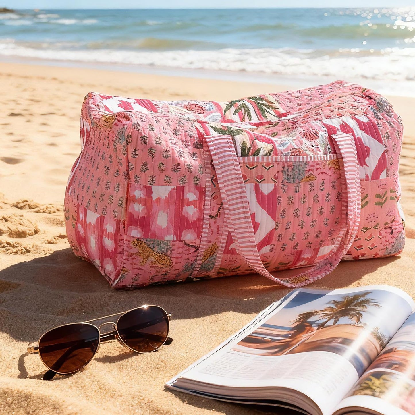 SilTriangle Large Cotton Patches Duffle Bags Block Print Quilted Fabric Weekender Bags for Women Holiday Gifts Handmade Colorful Travel Overnight Bag