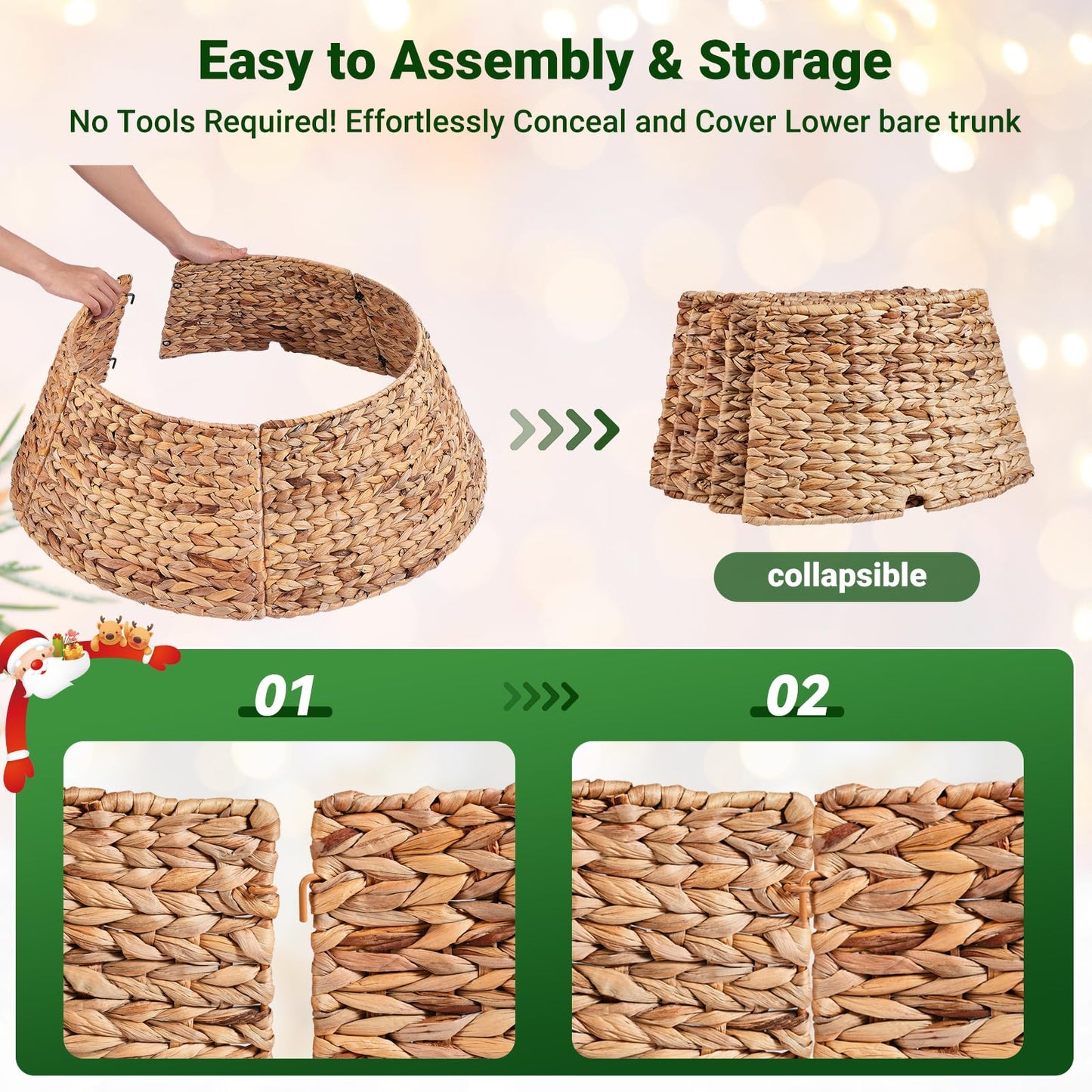 ELYKEN 28-Inch Woven Rattan Christmas Tree Collar, Stylish Hyacinth 5-Piece Tree Skirt for Artificial Trees, Wicker Tree Base Cover with Cord Cut-Out for Home Decor, Living Room Display, Natural