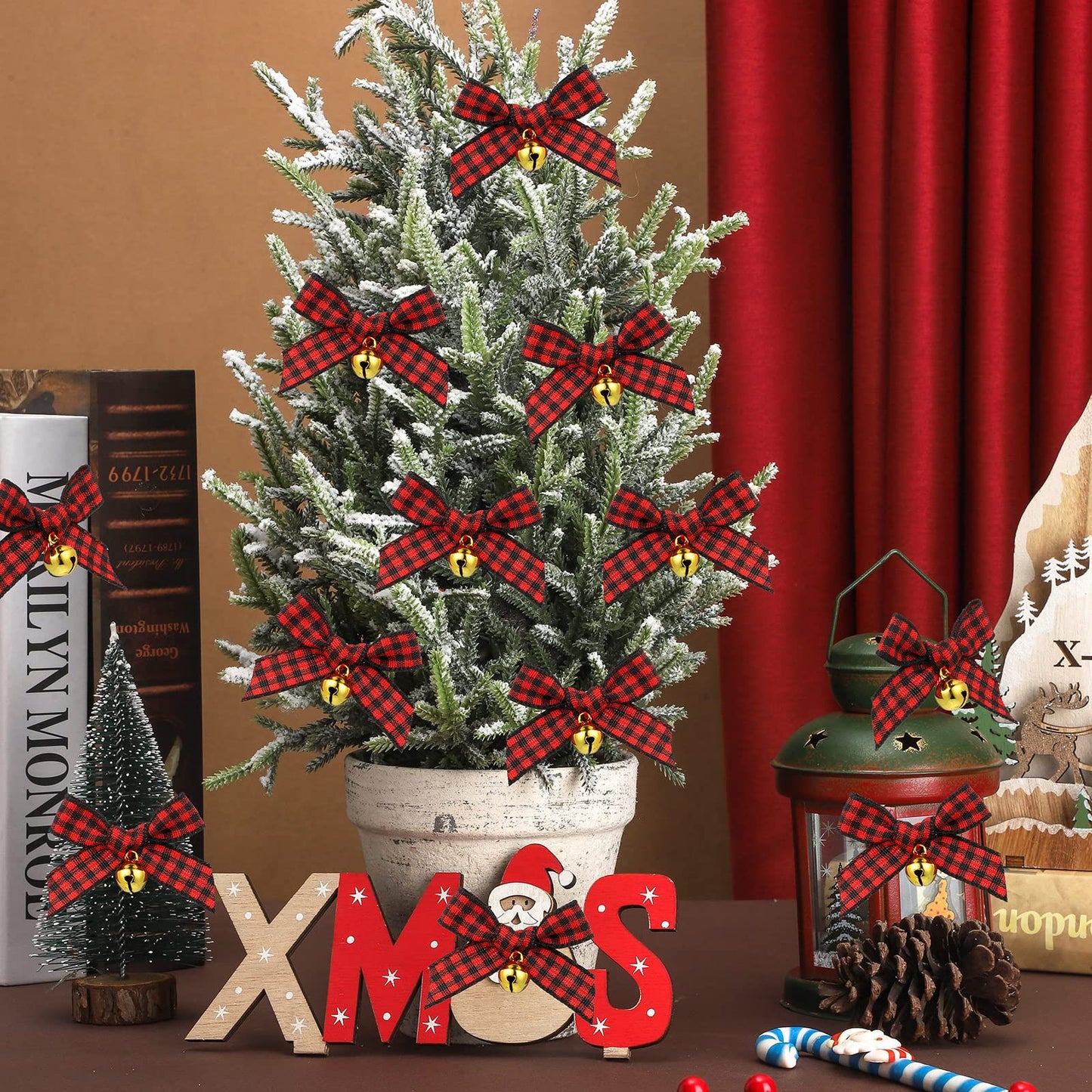 Dingion 50 Pieces Christmas Bow with Bell Mini Plaid Buffalo Plaid Bow Gingham Xmas Bells for Christmas Tree Crafts Home Decoration DIY Making Ornament(Red and Black)
