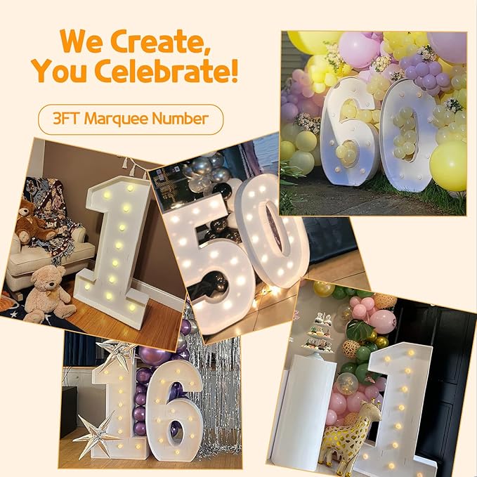 Marquee Numbers 3 Feet Tall Large Light Up Numbers 3th 13th 30th Three RexBirthday Decorations Girl Boy Big Yellow Light Outdoor Anniversary Decorations Balloon Arch Kit Party Backdrop 3