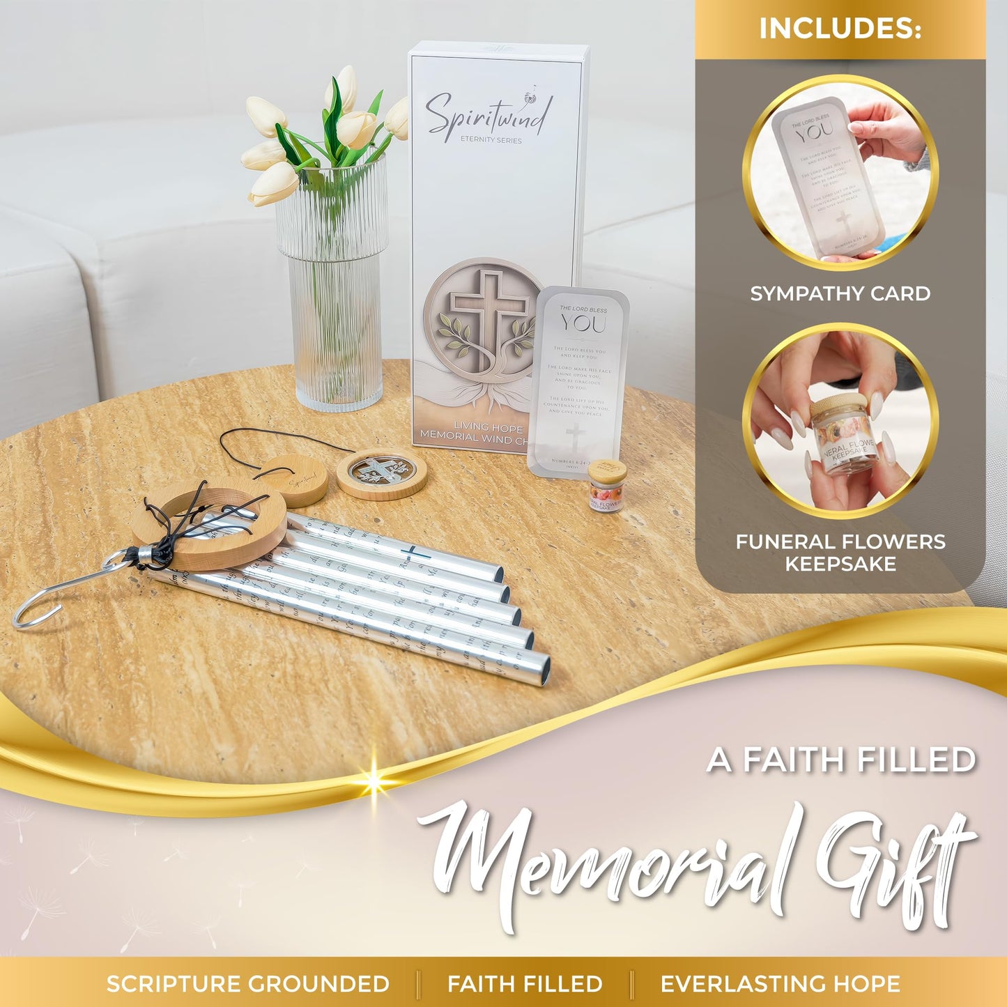 Living Hope Christian Memorial Wind Chimes for Loss of Loved One - Beautifully Packaged Sympathy Wind Chimes for Outside with Sympathy Card & Floral Keepsake - Religious Memorial Gifts for Loss (32")