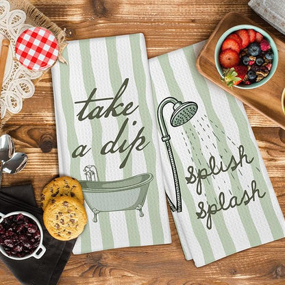 Sage Green Hand Towels for Bathroom Set of 2, Splish Splash Bathtub Dish Tea