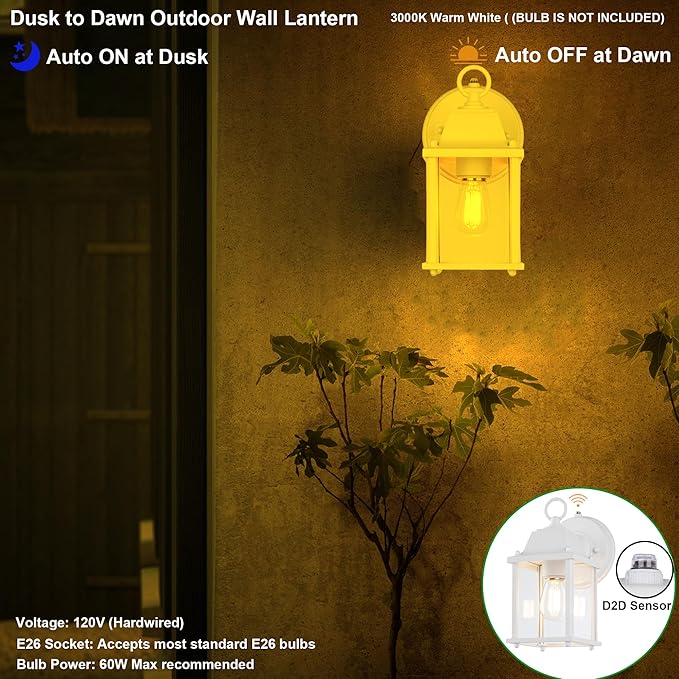 LIT-PaTH Dusk to Dawn Outdoor Wall Lantern, Wall Sconce, Waterproof Proch Light Fixture E26 Base, Aluminum Housing Glass Shade, Outdoor Rated, 2-Pack, White
