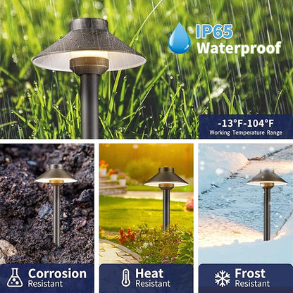 Gardenreet Solid Cast Brass Pathway Light - 12v Landscape Pathlights Outdoor Waterproof, Electric Path Lights Wired, Hat Shape Antique Bronze for Garden Decorations G4 Bulb Not Included (12 Pack)