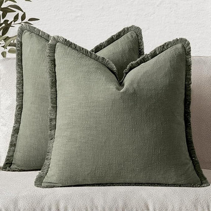 MIULEE Decorative Throw Pillow Covers Neutral Linen Fringe Throw Pillows Euro Shams Set of 2 Light Olive Green Boho Farmhouse Cushions for Couch Sofa Bed Living Room Spring Home Decor 22x22 Inch