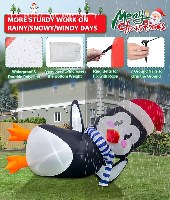 10Ft Christmas Inflatables Outdoor Decoration, Inflatable Penguin with Scarf Laying Down Christmas Blow Ups Yard Decoration for Garden, Lawn, Home Xmas Holiday Season Decor