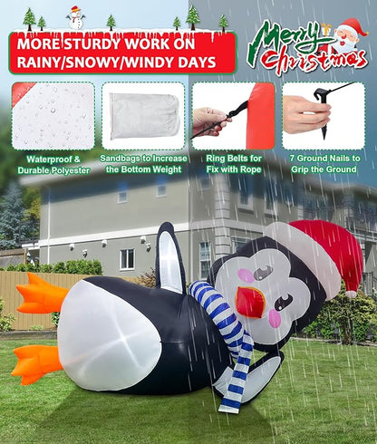 10Ft Christmas Inflatables Outdoor Decoration, Inflatable Penguin with Scarf Laying Down Christmas Blow Ups Yard Decoration for Garden, Lawn, Home Xmas Holiday Season Decor