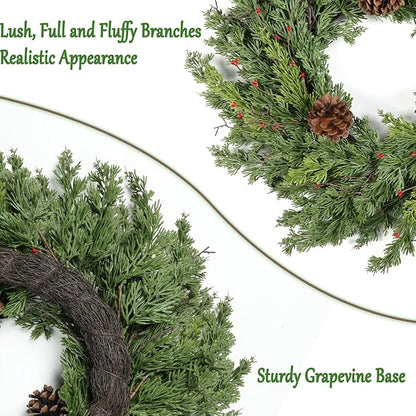 2PC Real Touch Pine Christmas Wreath 24 Inch Christmas Wreaths for Front Door Winter Wreath Artificial Green Wreaths Outdoor Christmas Decorations Indoor Outside Window Home Holiday Thanksgiving