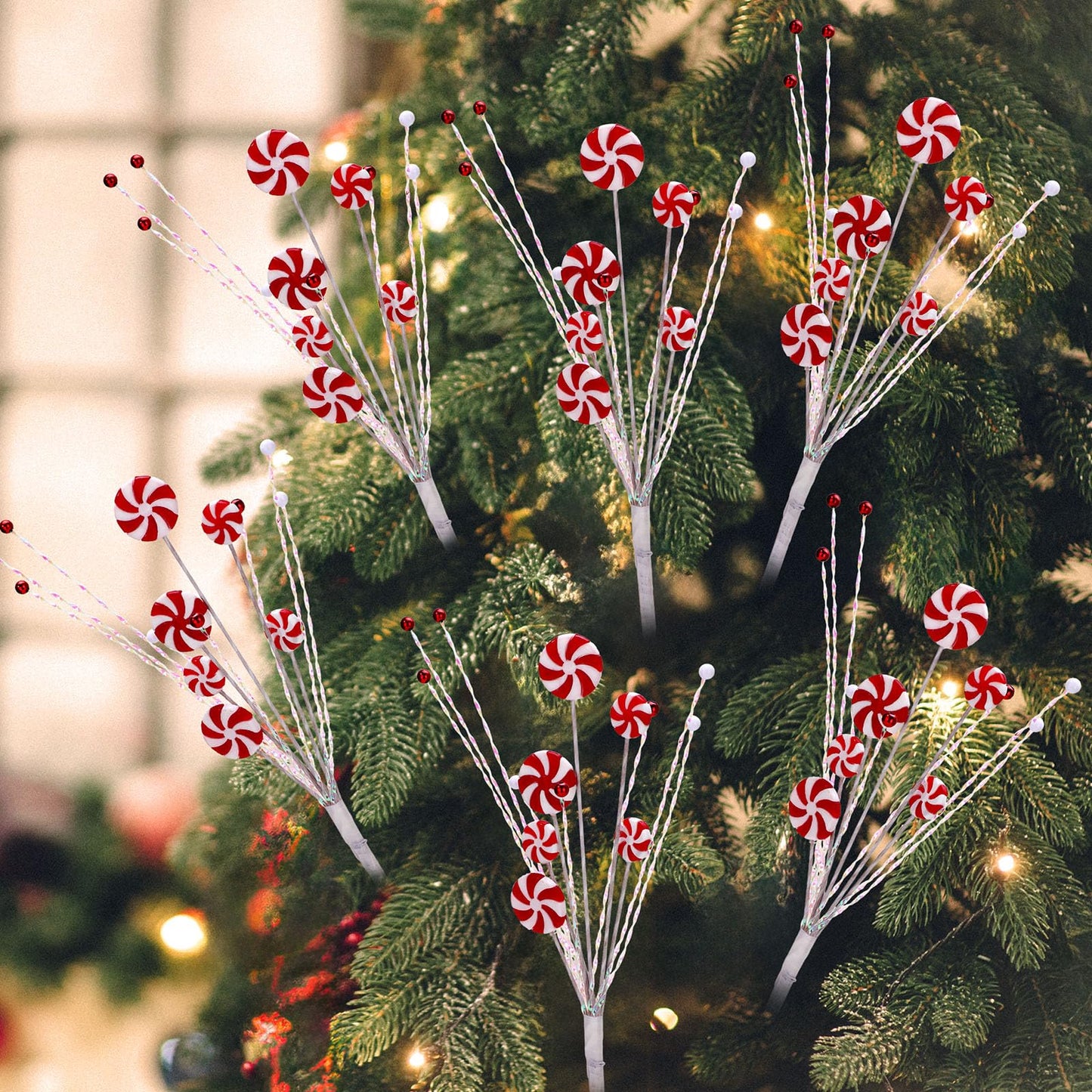 Suncalla 6 Pcs Candy Cane Christmas Tree Picks Red White Artificial Decoration Flower Vase Filler Ornament Christmas Tree Picks for Table Centerpiece DIY Home Wreath Decor