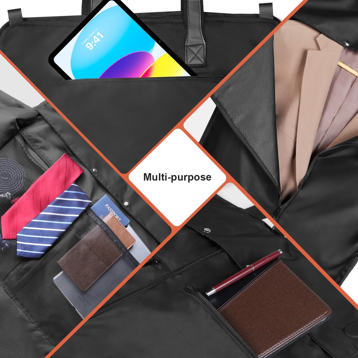 Univivi 43" Garment Bags for Travel, Heavy Duty Suit Travel Bag for Men&Women, Foldable Garment Bags for Hanging Clothes with 5 Zipper Pockets for Suit, Coats, Shirt,Short Dress