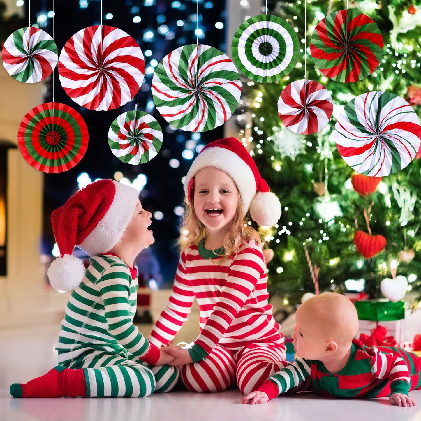 Outus Christmas Hanging Decorations Candy Paper Fans Peppermint Hanging Paper Fans Candy Cane Ceiling Wall Decor for Christmas Party Classroom Birthday Party(9 Pcs,Fresh)